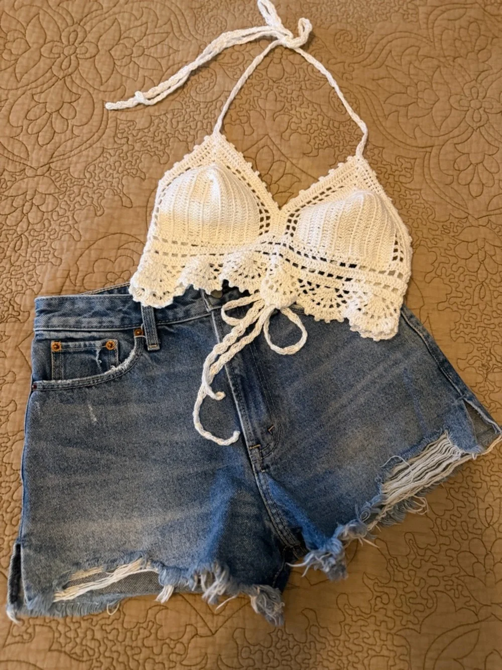 White Crochet Halter Top Boho Festival Lace Bralette Tie Back, Size S